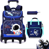 Cartable à roulettes avec sac et trousse présentés sur fond blanc