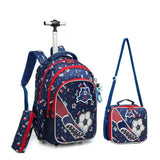Cartable à roulettes bleu motif football avec sac à bandoulière présenté sur fond blanc