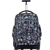 Sac roulettes noir multifonctions avec dessins de petits vélos blancs présenté sur fond blanc