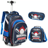 Cartable à roulettes style baseball avec sac à bandoulière et trousse présenté sur fond blanc