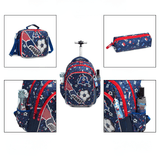 Cartable à roulettes bleu motif football avec sac à bandoulière assorti